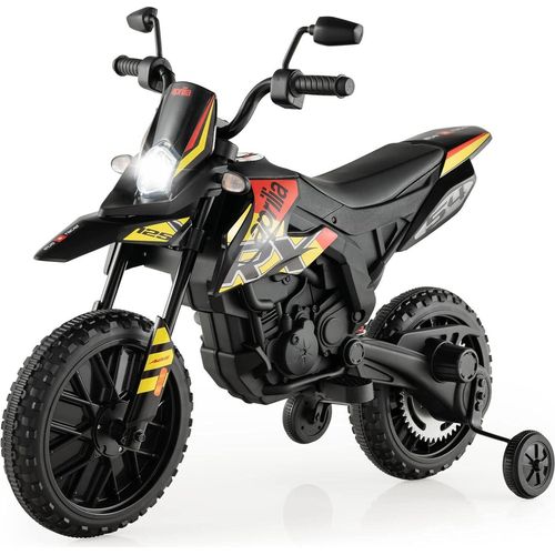 12V Kinder Elektro Motorrad, 5,5-6 km/h, Aprilia Kindermotorrad mit Stützrädern & Musik & Scheinwerfer, Elektromotorrad für Kinder ab 3 Jahren, bis 30kg belastbar (Schwarz)