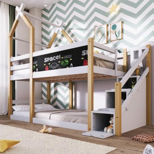 Kinderbett Baumhaus inkl. Tafelbett mit Speicherung und Rausfallschutz 90 x 200 cm, Hochbett für Kinder – 2x Lattenrost- Natur & Weiß(ohne Matratze)