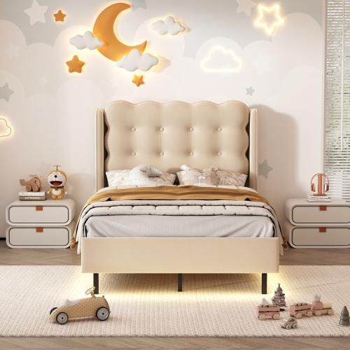 Polsterbett mit modelliertem Kopfteil, Kinderbett mit mit warmgelben Lichtstreifen, Einzelbett mit Holzlatten, Samt, Beige, 90x200cm