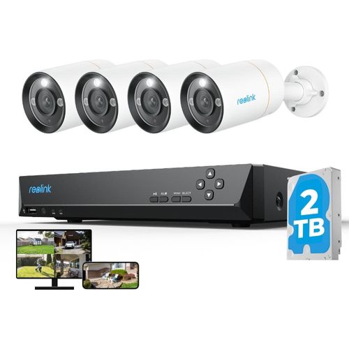 Reolink 12MP Überwachungskamera Aussen Set, 4 X PoE IP Kamera Überwachung Outdoor mit 2TB 8CH NVR, Spotlights, Personen-/Fahrzeugerkennung
