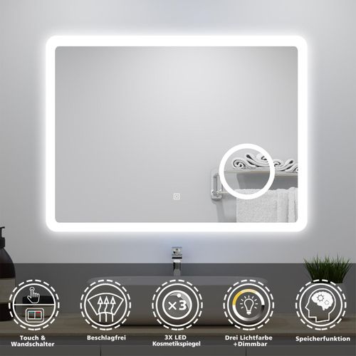 AICA LED Wandspiegel 80x60cm Touch/Wandschalter Beschlagfrei 3 Lichtfarbe Dimmbar Badezimmerspiegel mit 3-Fach Vergrößerung Schminkspiegel IP44