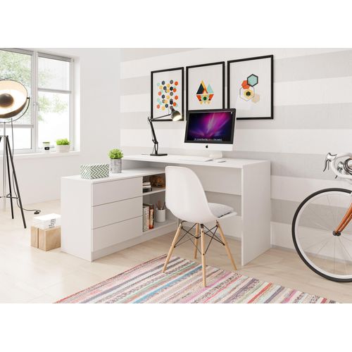 Schreibtisch 140 cm Tala - Computertisch mit Schrank - Schubladen, Universal Montage - Modern Bürotisch (Weiß)