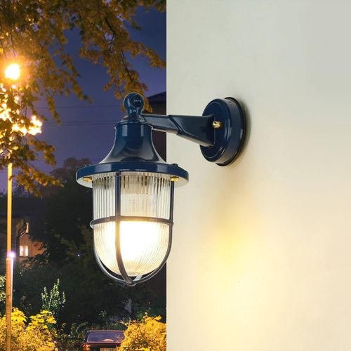 Außenlampe Wand außen Blau IP64 E27 Glas Echt-Messing Maritim Wandleuchte Hof Terrasse SANTORIN