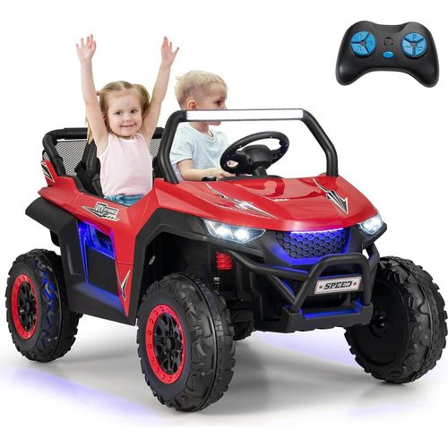 GOPLUS 12V Kinder Elektroauto, 2-Sitzer Kinderfahrzeug mit 2,4 GHz Fernbedienung, Scheinwerfer, Musik, Coolen Lichteffekten & Aufbewahrungstasche, Kinderauto mit Langsam Start für 3-8 Jahren (Rot)