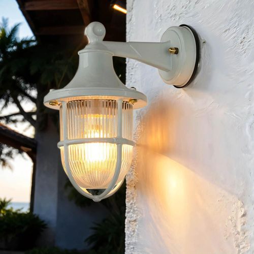 Wandleuchte außen Weiß IP64 E27 Riffelglas Echt-Messing Maritim Außenwandlampe Garten Hof SANTORIN