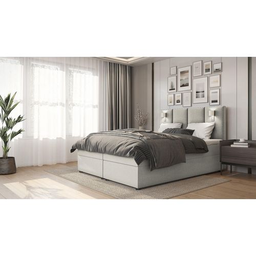SALES LEADER Boxspringbett LONDON 160x200 cm Polsterbett mit zwei Bettkästen, Komplett-Set mit Matratze und Topper (4cm), Beige, Bett Stoff INARI 22