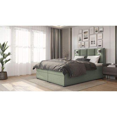 SALES LEADER Boxspringbett LONDON 180x200 cm Polsterbett mit zwei Bettkästen, Komplett-Set mit Matratze und Topper (4cm), Olive, Bett Stoff INARI 34
