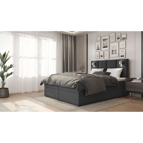 SALES LEADER Boxspringbett LONDON 140x200 cm Polsterbett mit zwei Bettkästen, Komplett-Set mit Matratze und Topper (4cm), Graphit, Bett Stoff INARI 96