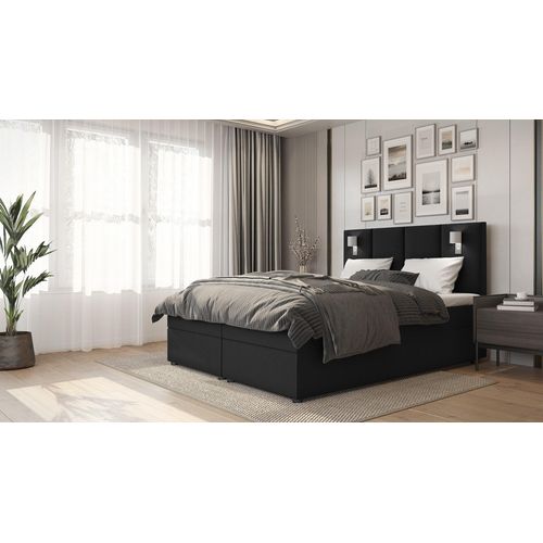 SALES LEADER Boxspringbett LONDON 200x200 cm Polsterbett mit zwei Bettkästen, Komplett-Set mit Matratze und Topper (4cm), Schwarz, Bett Stoff INARI 100