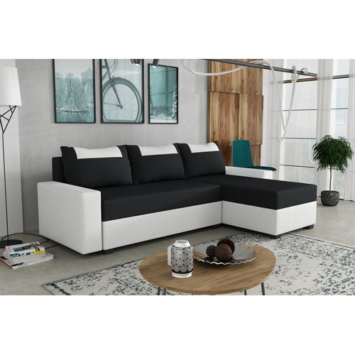 Ecksofa Schlafsofa Sofa HEDVIG LUX Kunstleder/Stoff Weiß- Schwarz Ottomane Rechts