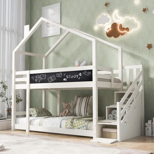 Kinderbett Baumhaus mit Schornstein &Speicherung und Rausfallschutz 90 x 200 cm, Hochbett für Kinder inkl.Tafel– 2x Lattenrost- Weiß(ohne Matratze)