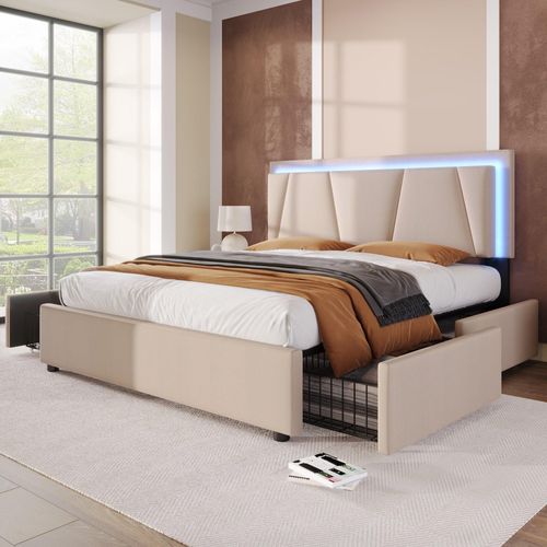 Beige 140x200cm Polsterbett (Ohne Matratze) mit LED-Beleuchtung und 4 Schubladen,Höhenverstellbarem Kopfteil,Doppelbett Stauraumbetten Bettgestell