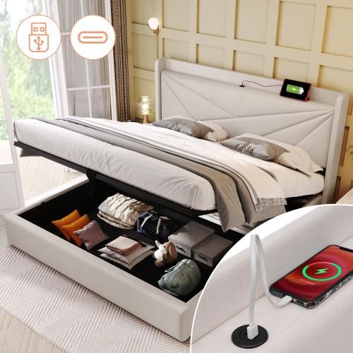 Beige 160x200cm Leinen Polsterbett (Ohne Matratze) Doppelbett Stauraum Bettkasten mit USB Typ C Ladefunktion Kopfteil Bettgestell aus Jugendbett