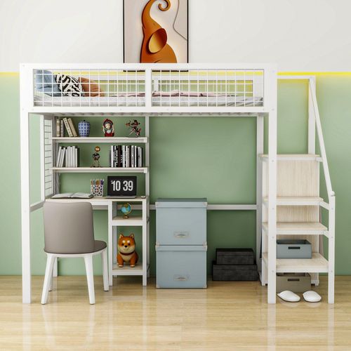 Weiß 90x200cm (Ohne Matratze) Hochbett mit Sicherheitsleiter Kinderbett mit Eisenrahmen Kleiderschrank und Computertisch