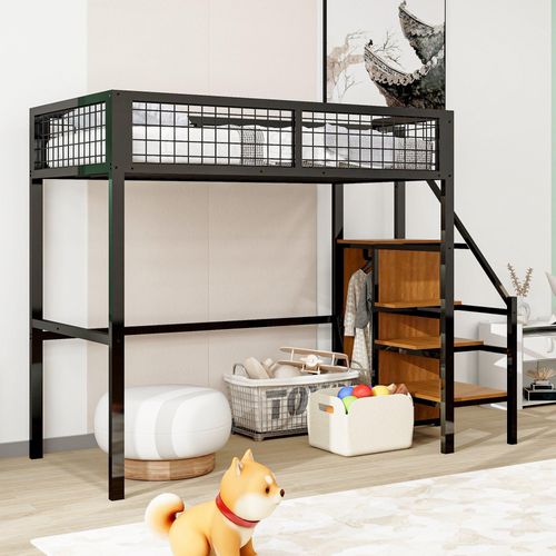 Schwarz 90x200cm Hochbett mit Leiter (Ohne Matratze) Kinderbett mit Eisenrahmen und Aufbewahrungsregal, Kleiderschrank