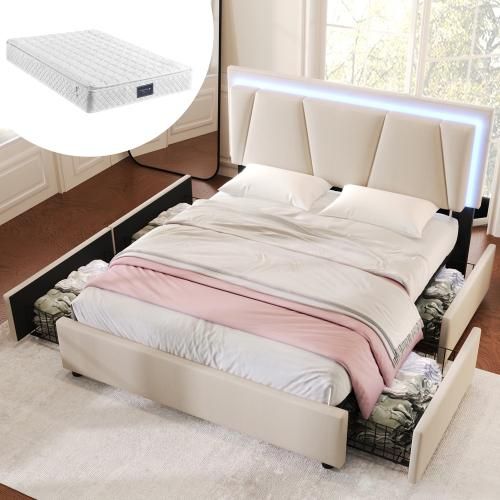 Beige 160x200cm Polsterbett (Mit Matratze) mit LED-Beleuchtung und 4 Schubladen,Höhenverstellbarem Kopfteil,Doppelbett Stauraumbetten Bettgestell