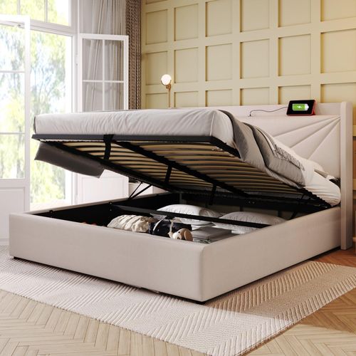 Beige 140x200cm Leinen Polsterbett (Ohne Matratze) Doppelbett Stauraum Bettkasten mit USB Typ C Ladefunktion Kopfteil Bettgestell aus Jugendbett