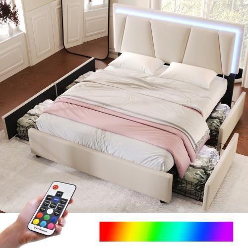 Beige 160x200cm Polsterbett (Ohne Matratze) mit LED-Beleuchtung und 4 Schubladen,Höhenverstellbarem Kopfteil,Doppelbett Stauraumbetten Bettgestell
