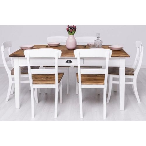 Casa Padrino Landhausstil Esszimmer Möbel Set Weiß / Braun - 1 Landhausstil Esstisch & 6 Landhausstil Esszimmerstühle - Massivholz Esszimmer Möbel - Landhausstil Esszimmer Möbel