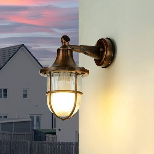 Außenleuchte Wand Garten Hof IP64 in Kupfer antik E27 geriffeltes Glas Messing Maritim Außenlampe Wandleuchte