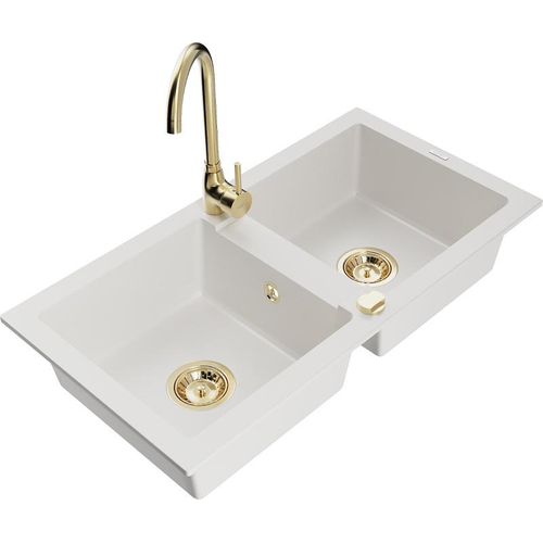 Mexen Mario 2-Becken-Granitspüle mit Mischbatterie Telma, Weiß - 6504-20-670200-50 Image