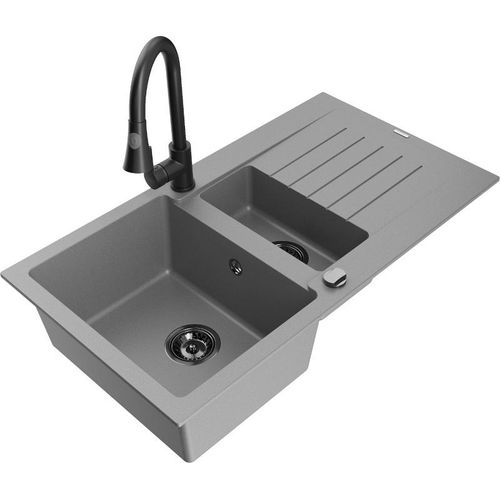 Mexen Matias 1,5-Becken-Granitspüle mit Abtropffläche und Mischbatterie Elia, Grau - 6502-71-670101-70-B Image