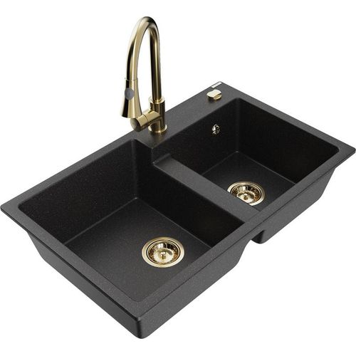 Mexen Tomas 2-Becken-Granitspüle mit Mischbatterie Elia, Schwarz/Silbermetallic - 6516-73-670101-50 Image