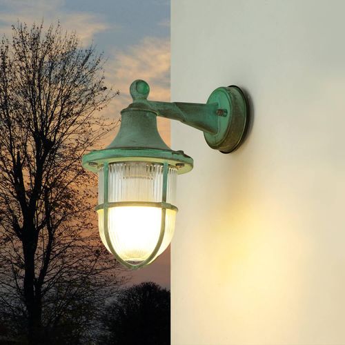 Außenlampe Wand IP64 E27 Grün antik Glas Echt-Messing Maritim SANTORIN Außenwandleuchte HausGarten Terrasse