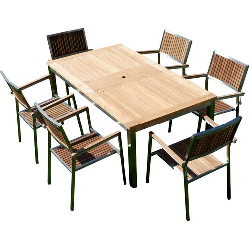 ALEOS. Gartengarnitur Edelstahl Teak Set: Ausziehtisch 160/220 x 90 cm + 6 Teak Sessel A-Grade Teak Holz Serie KUBA Gastroqualität