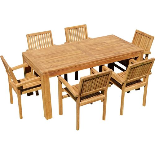 ASS Teak Set Gartengarnitur Gartenset Sitzgruppe Gartentisch Bigfuss 180x90 cm mit 6 Stapelsessel Miami aus Teakholz Gartenmöbelset Esstischgruppe Sessel stapelbar