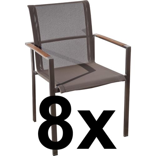 ASS 8Stk Designer Gartenstuhl mit Armlehne KUBA-BRAUN Gastroqualität Stapelsessel Gartensessel Stapelstuhl Sessel Edelstahl Batyline Textilene Teak stapelbar sehr robust