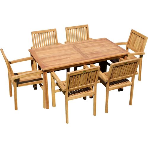 ASS Teak Set Gartengarnitur Gartenset Sitzgruppe Gartentisch 150x80 cm mit 6 Stapelsessel Miami aus Teakholz Gartenmöbelset Esstischgruppe Sessel stapelbar