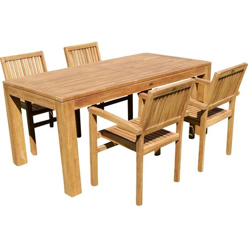 ASS Teak Set Gartengarnitur Gartenset Sitzgruppe Gartentisch Bigfuss 180x90 cm mit 4 Stapelsessel Miami aus Teakholz Gartenmöbelset Esstischgruppe Sessel stapelbar