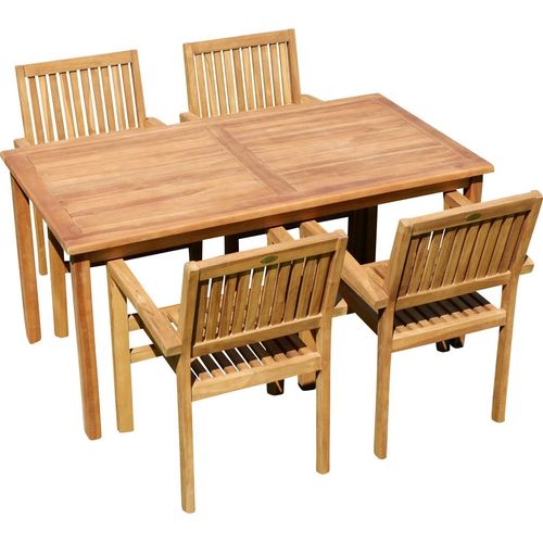 ASS Teak Set Gartengarnitur Gartenset Sitzgruppe Gartentisch 150x80 cm mit 4 Stapelsessel Miami aus Teakholz Gartenmöbelset Esstischgruppe Sessel stapelbar