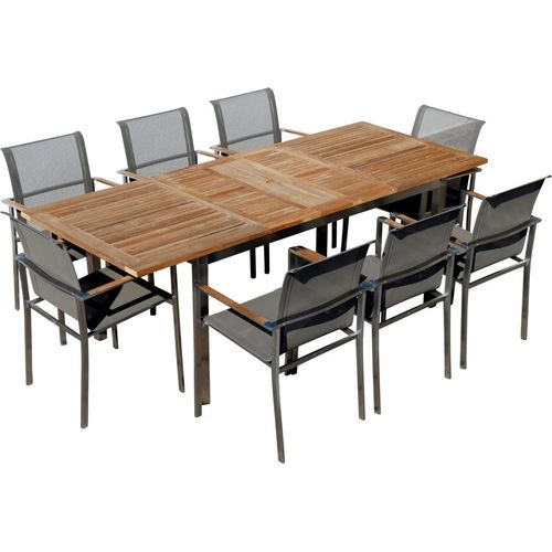 ALEOS. Gartengarnitur Edelstahl Batyline A-Grade Teak Holz Set Ausziehtisch 160-220 x 90 cm + 8 Sessel mit Batyline Bespannung Serie KUBA-BRAUN Gastroqualität