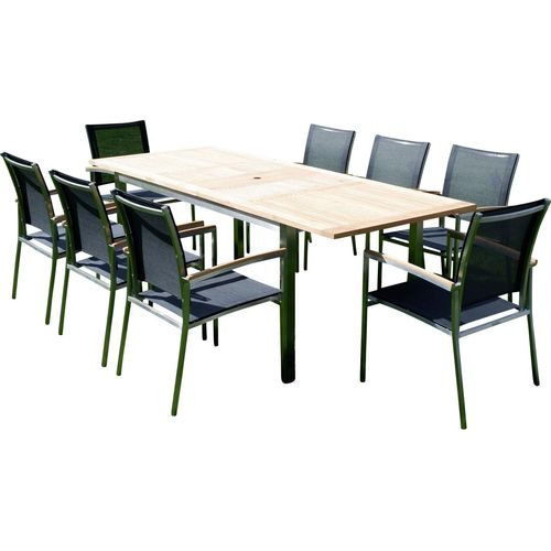 ALEOS. Gartengarnitur Edelstahl Batyline A-Grade Teak Holz Set: Ausziehtisch 160/220 x 90 cm + 8 Sessel Serie KUBA-SCHWARZ Gastroqualität