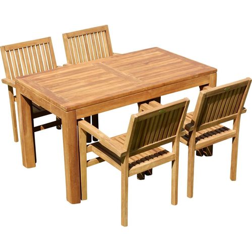 ASS Teak Set Gartengarnitur Gartenset Sitzgruppe Gartentisch Bigfuss 140x80 cm mit 4 Stapelsessel Miami aus Teakholz Gartenmöbelset Esstischgruppe Sessel stapelbar