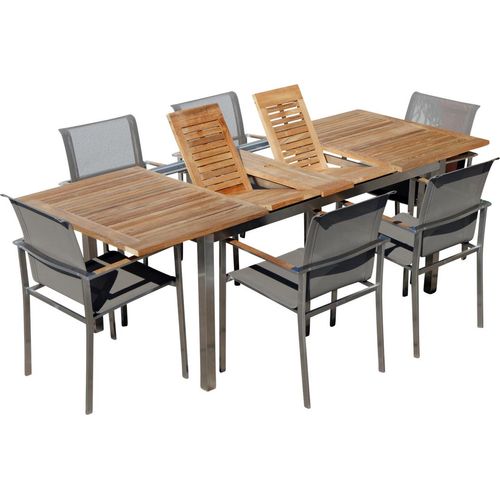 ALEOS. Gartengarnitur Edelstahl Batyline A-Grade Teak Holz Set Ausziehtisch 160-220 x 90 cm + 6 Sessel mit Batyline Bespannung Serie KUBA-BRAUN Gastroqualität