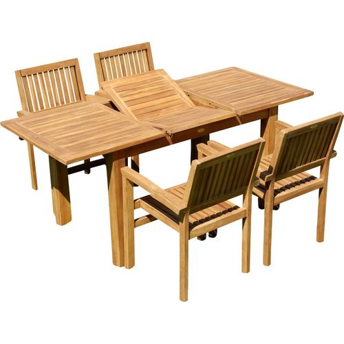 ASS Teak Set Gartengarnitur Gartenset Sitzgruppe Gartentisch Bigfuss 130-180x80 cm mit 4 Stapelsessel Miami aus Teakholz Gartenmöbelset Esstischgruppe Sessel stapelbar Ausziehtisch