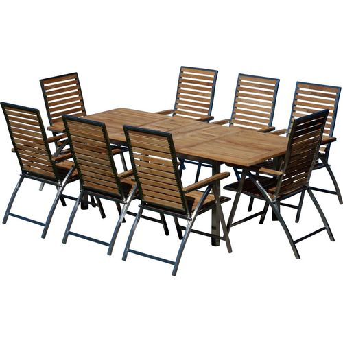 ALEOS. Gartengarnitur Edelstahl Teak Set: Ausziehtisch 160 auf 220 cm + 8 Teak-Edelstahl Hochlehner, Sitzgruppe A-Grade Teak Holz - Gartenmöbel Set 8 Personen Gastronomie Qualität