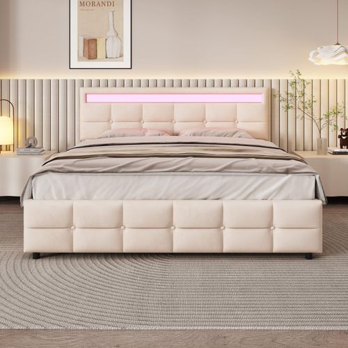 Beige Polsterbett Samtstoff 180x200cm (Ohne Matratze) Doppelbett LED-Bettgestell mit 4 Schubladen , Lattenrost und Rückenlehne Doppelbett Jugendliche