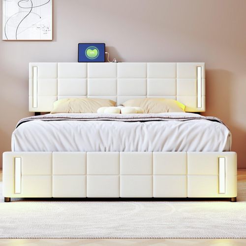 Beige Polsterbett Leinen 140x200cm (Ohne Matratze) mit LED-Lichtsteckdose 4 Schubladen gepolstert flaches Einzelbett Kinderbett Jugendbett Gästebett