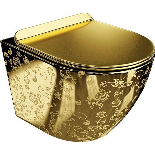 LAVITA Wand-WC Sofi Slim Golden Eye | Hnge Toilette | Toilettendeckel mit Absenkautomatik & Metallscharniere | Toiletten Splrandlos Hngend | Toilettenbecken | 365x490x395 cm | Gold