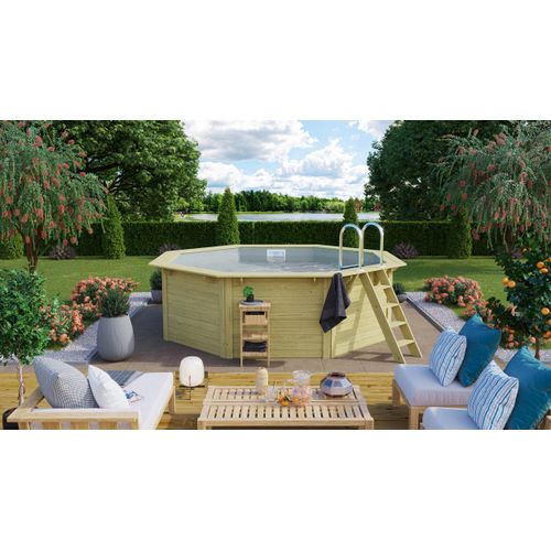 CHILLROI | Achteckiger Massivholzpool, 357,5 x 357,5 x 124 cm, Modell 1 X Folie grau | Inkl. Zubehör und Pool Leitern