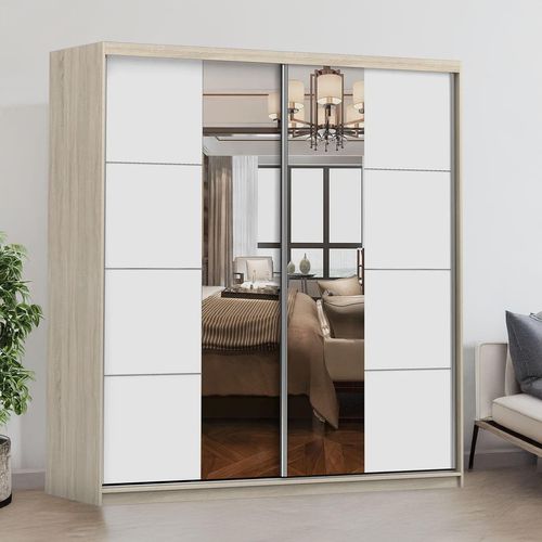 Schwebetürenschrank Kleiderschrank Schrank 203cm Sonoma/Weiß mit Spiegeln und Zierleisten Pola 38
