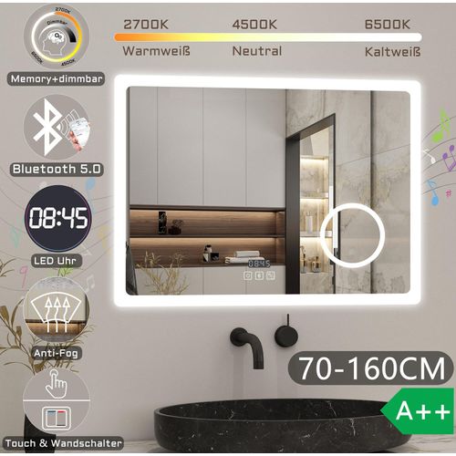 Badspiegel mit Bluetooth 160×80cm Uhr Schminkspiegel Warm/Neutral/Kaltweiß dimmbar Touchschalter Beschlagfrei Wandspiegel mit Explosionsgeschützte