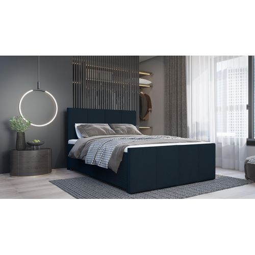 SALES LEADER Boxspringbett DUBLIN 140x200 cm Polsterbett mit zwei Bettkästen, Komplett-Set mit Matratze und Topper (4cm), Dunkelblau, Bett Stoff SZTRUKS 04