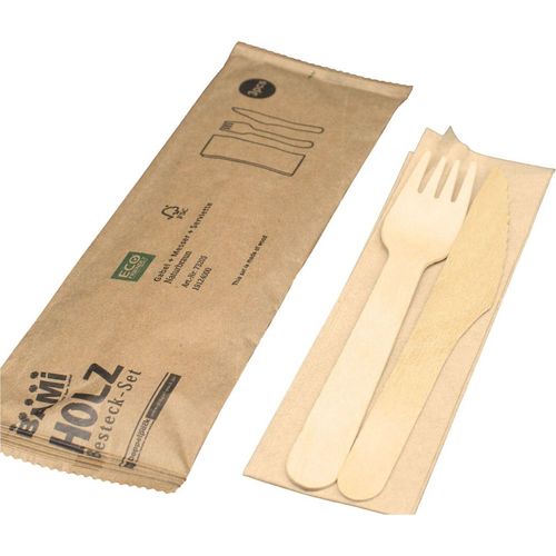 Holz-Besteck-Set, Messer+Gabel+Serviette 2lag. Braun