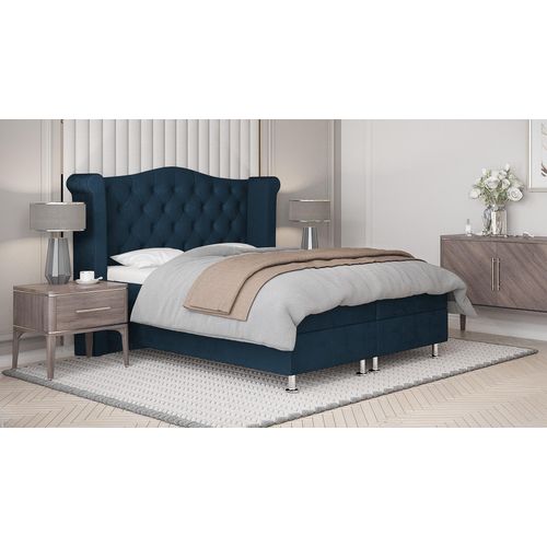 SALES LEADER Boxspringbett RIO 200x200 cm Polsterbett mit zwei Bettkästen, Komplett-Set mit Matratze und Topper (4cm), Dunkelblau, Bett Stoff ELEMENT 13
