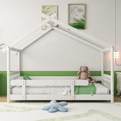 Weiß 90x190cm Schönes Hausbett (ohne Matratze) Massivholz mit Gitter und Lattenrost Mit Rausfallschutz für Kinder und Jugendliche